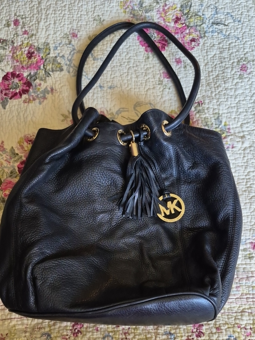 Michael Kors Black Pebbled Leather Shoulder Tote with Tassel
